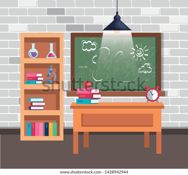 Classroom Scene Teacher Desk Supplies Stock Vector Royalty