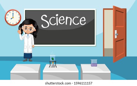 Classroom scene with teacher in front of science class illustration