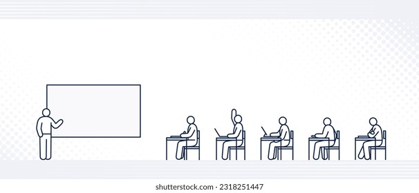 classroom scene: teacher teaching in front of students sitting side view school education with person line icons.