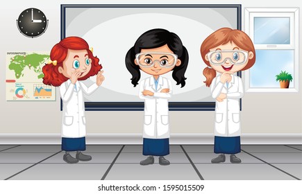 Klassenzimmer-Szene mit drei Mädchen in Laborgrafik