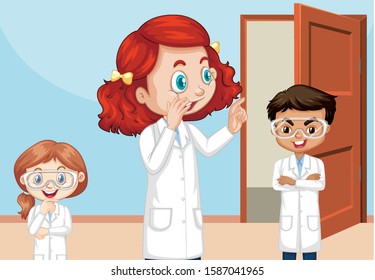 Escena en aula con tres estudiantes de ciencias dentro de la ilustración