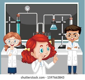 Classroom scene with three science students doing lab illustration