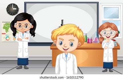 Classroom scene with three science students illustration