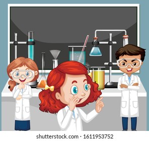 Classroom scene with three science students doing lab illustration