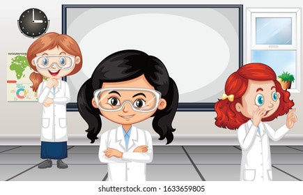Classroom scene with three students inside illustration