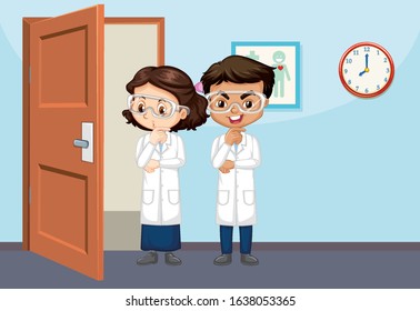 Klassenzimmer-Szene mit zwei Wissenschaftsstudenten in der Illustration