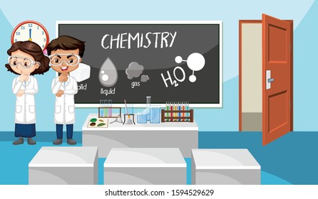 Escena en aula con dos estudiantes frente a la ilustración de la sala