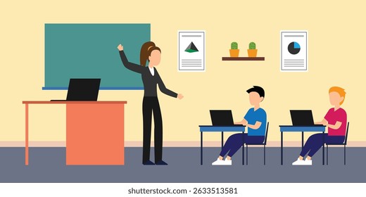 a classroom scene where a male teacher is standing in front of a chalkboard with mathematical equations, while three students are seated at desks vector illustration