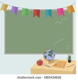 Classroom in school. Back to school. Education. Blackboard in classroom. Copy space. Vector cartoon illustration. Knowledge day. 