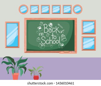 classroom school with chalkboard scene