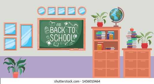 classroom school with chalkboard scene