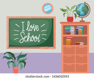 classroom school with chalkboard scene