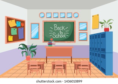 classroom school with chalkboard scene