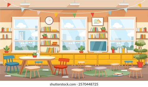 Classroom. School class or kindergarten interior with kids sitting behind desks. Cartoon style vector illustration.