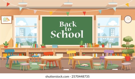 Classroom. School class or kindergarten interior with kids sitting behind desks. Cartoon style vector illustration.