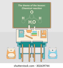 Classroom in school with desk and chalkboard. Chemistry class. Vector illustration in flat style.