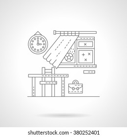 Classroom with school desk and knapsack at the open window with curtains and flying ball. School lessons. Single detailed flat line vector icon. Web design elements for business, site, mobile app. 