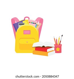 classroom school supplies stationery, pencil case, pen, pile of books, photorealistic literature,notebook, notebook textbook,school bag,Palettes and brushes in art,colored pencils. vector illustration