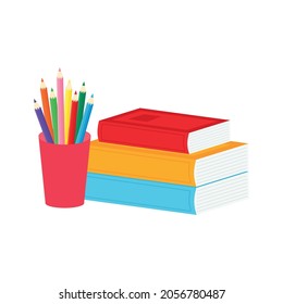 classroom school supplies stationery, pencil case, pen, pile of books, photorealistic literature,notebook, notebook textbook,school bag,Palettes and brushes in art,colored pencils. vector illustration