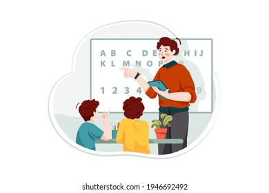 Classroom. Schoolteacher teaching alphabets and numbers to teacher