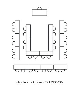 Disponen de asientos en el aula. Icono de línea de mesas y sillas. La decoración del mobiliario de la parte superior. Ilustración del vector sobre fondo blanco