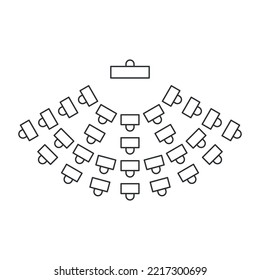 Classroom seating scheme. Tables and chairs  line icon. Top view furniture interior plan. Vector illustration on white background