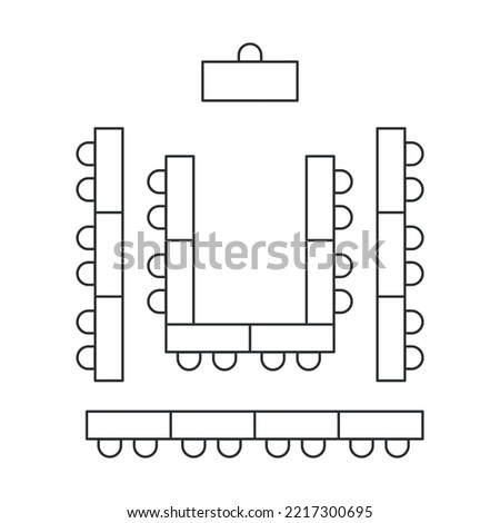Classroom seating scheme. Tables and chairs  line icon. Top view furniture interior plan. Vector illustration on white background