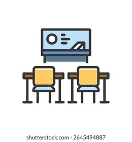 A classroom setting featuring a board and two chairs, rendered in a simple flat style.