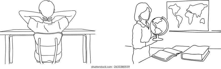 Ilustraciones de configuración de aula con un estudiante descansando y un profesor examinando el mundo