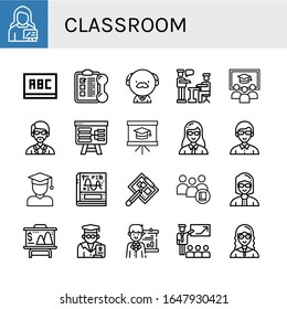 Klassenzimmer mit einfachen Symbolen. Enthält Symbole wie Lehrer, Blackboard, Training, Professor, Präsentation, Klasse, Lehrer, Schüler, Lehrer, Rechner, können für Web, Mobil und Logo verwendet werden