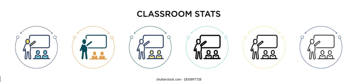 Das Klassenzimmer ist ein Symbol im vollen, dünnen Linien-, Umriss- und Strichstil. Vektorgrafik von zwei farbigen und schwarzen Klassenzuständen Vektorsymbole, die für mobile, i, web-basierte