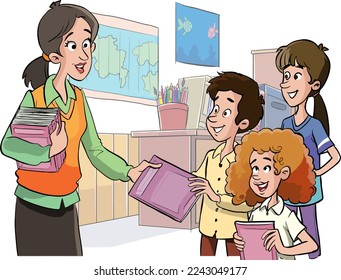 classroom student and teacher cartoon vector illustration
