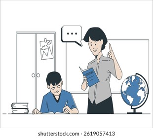Classroom with student and teacher. Classroom interior. Children listening to teacher. Primary school children. Illustration with children and teacher in classroom. Education illustration. 2783
