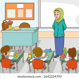 Classroom with students and muslim teacher.students and teacher in classroom children learning education concept.vector illustration of Teacher Woman Teaching in Classroom 