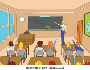 Classroom, students sitting at their desks, a woman teacher with a pointer standing at the blackboard. Vector cartoon school illustration.