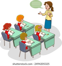 Classroom with students and teacher. Classroom interior. Children listening to teacher. Primary school children. Illustration with children and teacher in classroom. Education illustration.