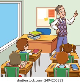 Classroom with students and teacher. Classroom interior. Children listening to teacher. Primary school children. Illustration with children and teacher in classroom. Education illustration.