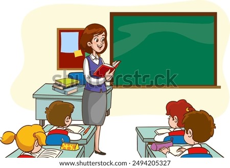 Classroom with students and teacher. Classroom interior. Children listening to teacher. Primary school children. Illustration with children and teacher in classroom. Education illustration.