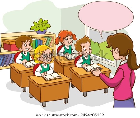 Classroom with students and teacher. Classroom interior. Children listening to teacher. Primary school children. Illustration with children and teacher in classroom. Education illustration.