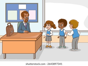 Sala de aula com alunos e professor. Lição. Professor e alunos estão conversando na sala de aula. Crianças da escola primária. As crianças estão ouvindo o professor. Crianças da escola primária.
