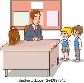 Sala de aula com alunos e professor. Lição. Professor e alunos estão conversando na sala de aula. Crianças da escola primária. As crianças estão ouvindo o professor. Crianças da escola primária.