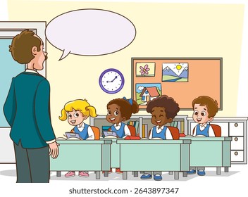 Sala de aula com alunos e professor. Lição. Professor e alunos estão conversando na sala de aula. Crianças da escola primária. As crianças estão ouvindo o professor. Crianças da escola primária.