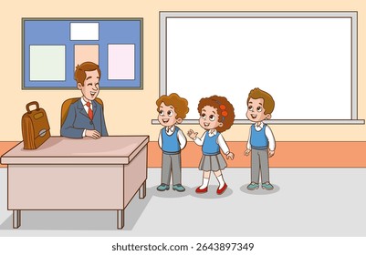 Sala de aula com alunos e professor. Lição. Professor e alunos estão conversando na sala de aula. Crianças da escola primária. As crianças estão ouvindo o professor. Crianças da escola primária.