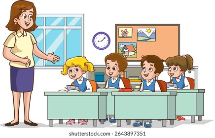 Sala de aula com alunos e professor. Lição. Professor e alunos estão conversando na sala de aula. Crianças da escola primária. As crianças estão ouvindo o professor. Crianças da escola primária.