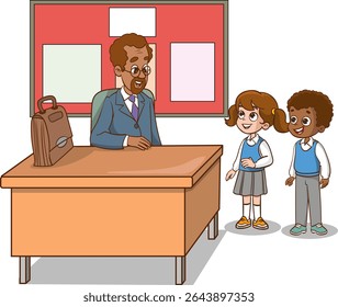 Sala de aula com alunos e professor. Lição. Professor e alunos estão conversando na sala de aula. Crianças da escola primária. As crianças estão ouvindo o professor. Crianças da escola primária.