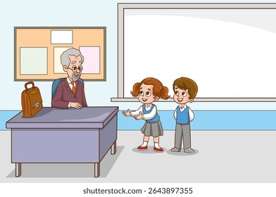 Sala de aula com alunos e professor. Lição. Professor e alunos estão conversando na sala de aula. Crianças da escola primária. As crianças estão ouvindo o professor. Crianças da escola primária.