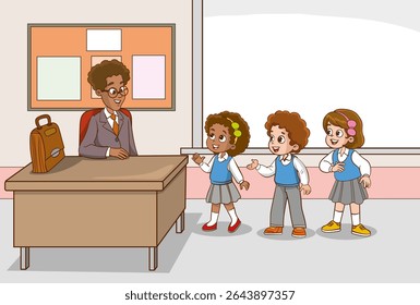 Sala de aula com alunos e professor. Lição. Professor e alunos estão conversando na sala de aula. Crianças da escola primária. As crianças estão ouvindo o professor. Crianças da escola primária.