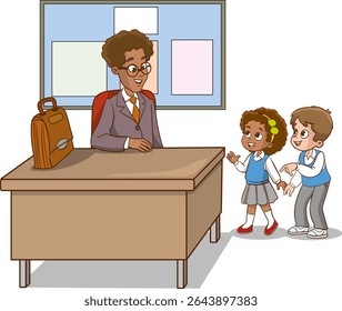 Sala de aula com alunos e professor. Lição. Professor e alunos estão conversando na sala de aula. Crianças da escola primária. As crianças estão ouvindo o professor. Crianças da escola primária.