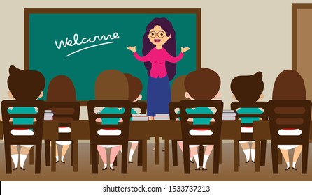 Classroom with students. Teacher madam or professor teaches students in classroom in school. Little children, students are studying. Student learn on lessons indoor cartoon vector illustration