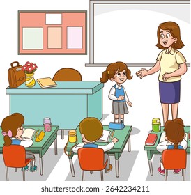 Classroom with students and teacher.students and teacher in classroom children learning education concept.vector illustration of Teacher Woman Teaching in Classroom 